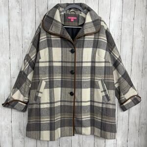 Woman Within Gray Black White Plaid Lined Button Up Winter Jacket Coat 18W